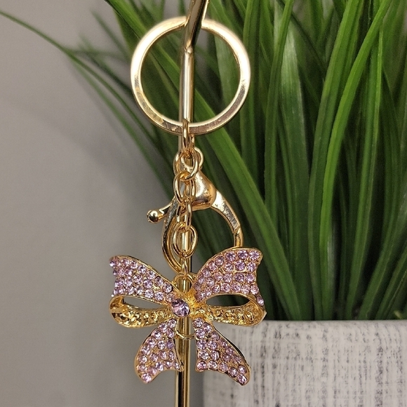 Purple Gold Bow Keychain Bag charm Rhinestone - Picture 2 of 10